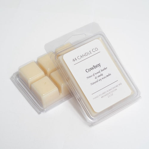 cowboy soy wax melts with notes of wood, leather, and smoke